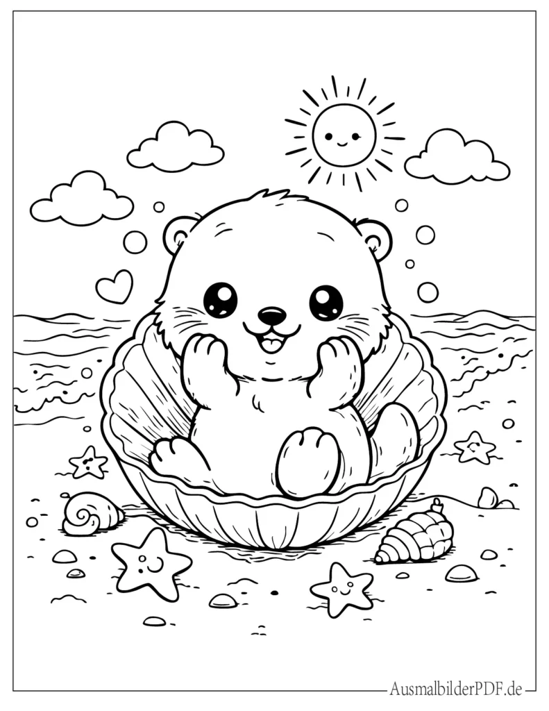 Niedliches Kawaii Baby Otter Ausmalbild für Kinder, perfekt als Malvorlage zum Ausdrucken