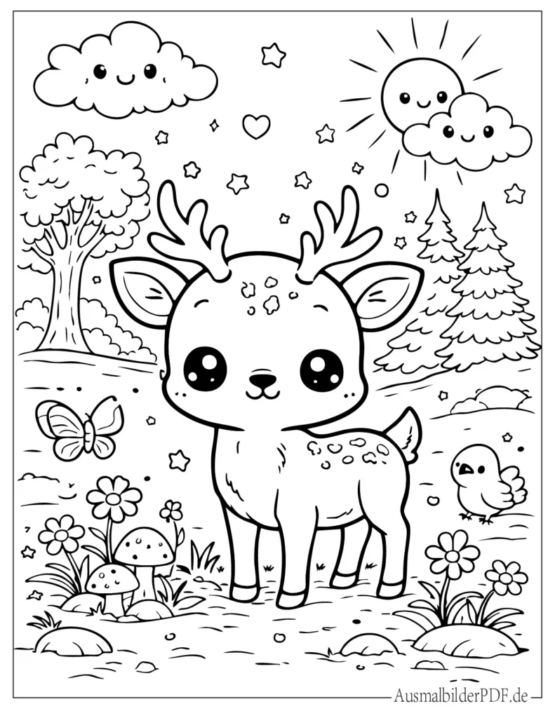 Ausmalbild eines niedlichen kawaii Baby Rehs, inspiriert von kleinen Hirschen, perfekt für Kinder zum Ausdrucken