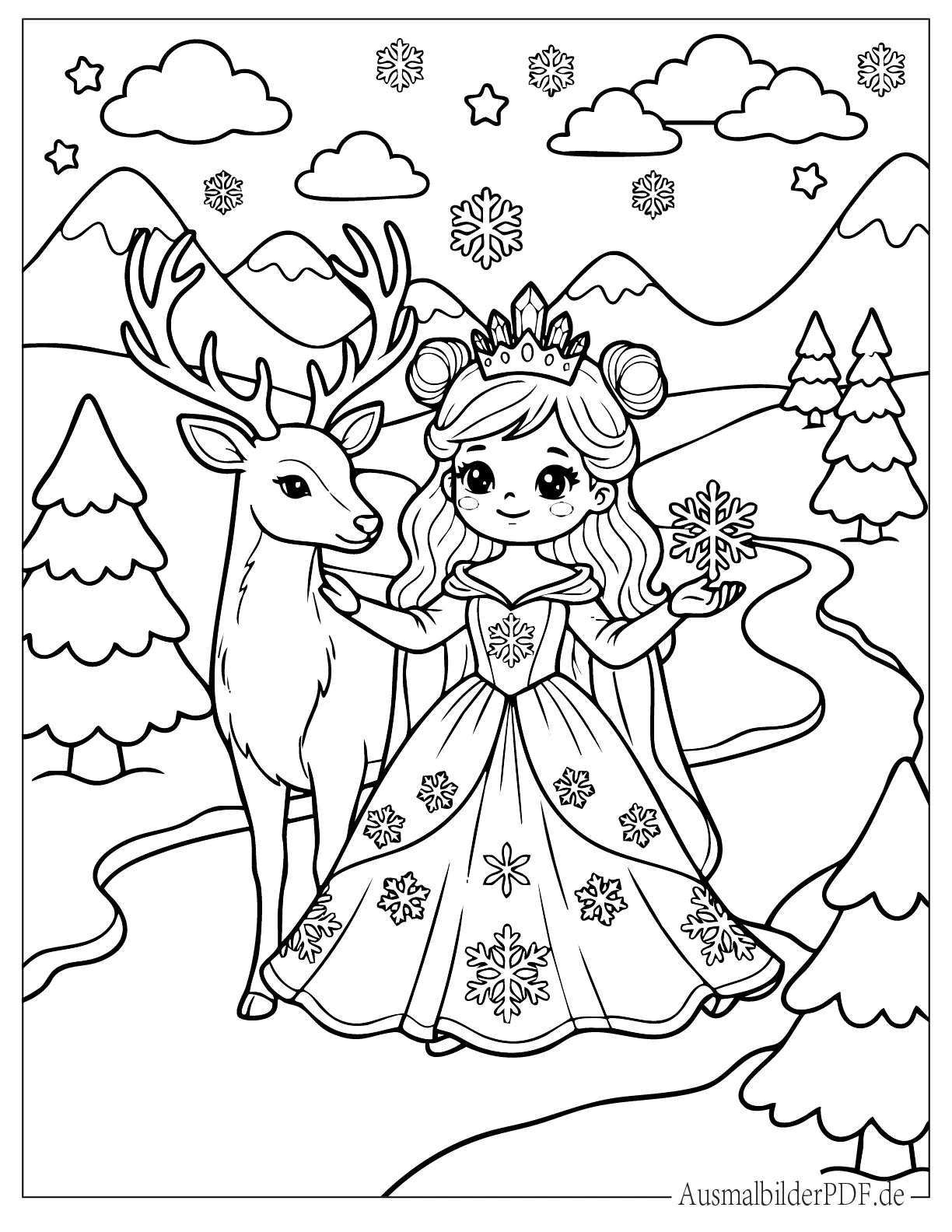 Schneekönigin Ausmalbilder (Gratis Malvorlagen zum Download) Süße Kawaii Baby Schneekönigin mit Winterhirsch Malvorlage
