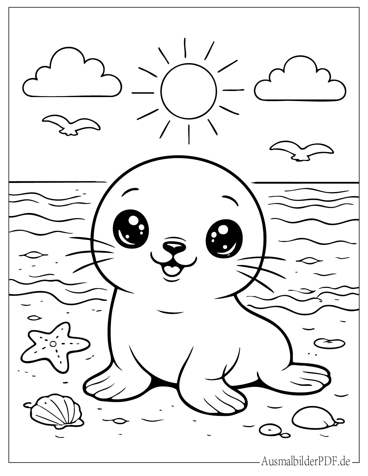 Niedlicher Kawaii Baby Seelöwe am Strand Ausmalbild für Kinder