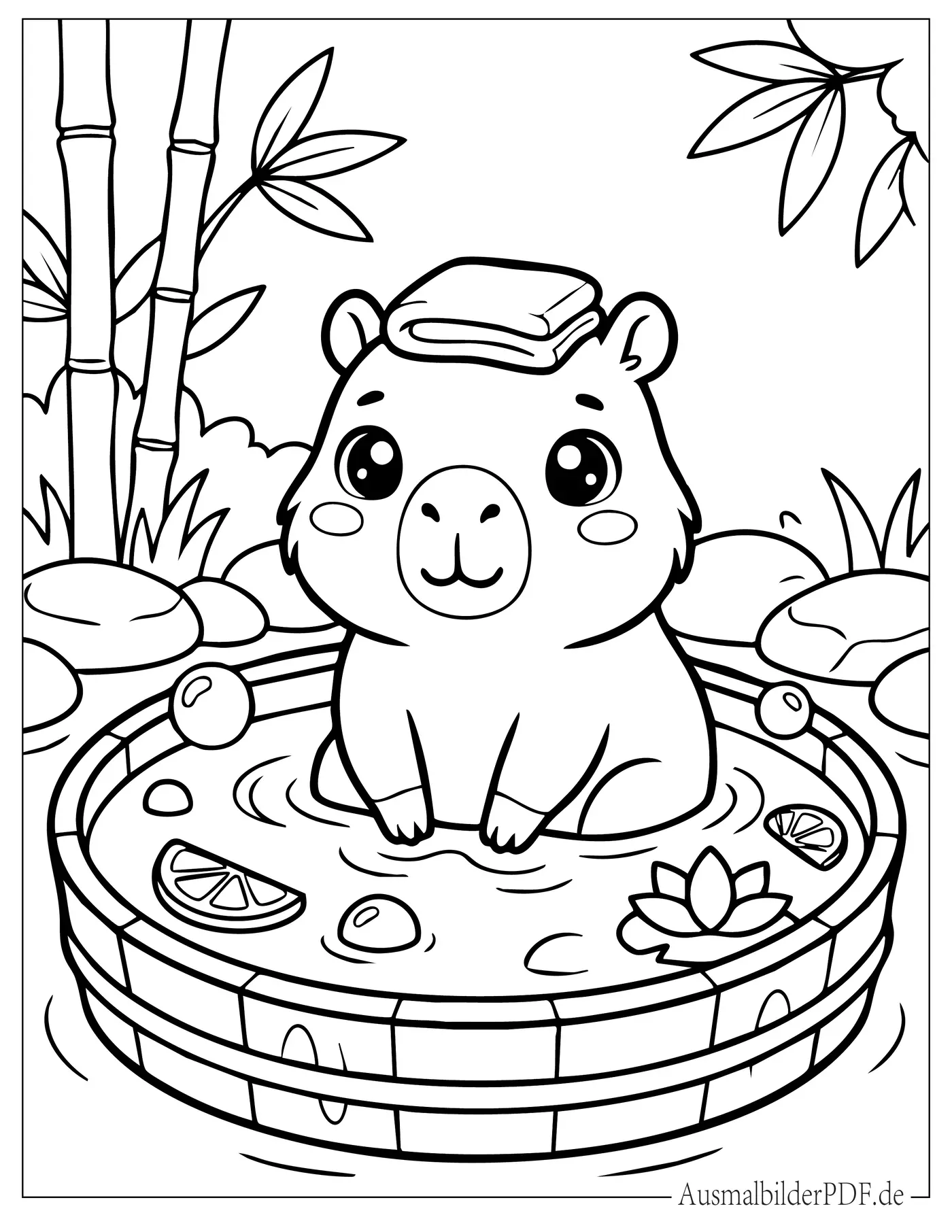 Süßes Kawaii Baby Wasserschwein badet Malvorlage