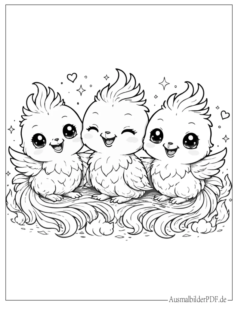 Ausmalbild von drei süßen Baby-Phönixen im Kawaii-Stil, ideal für Kinder zum Ausdrucken und Ausmalen