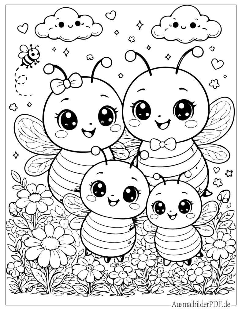 Druckvorlage einer süßen kawaii Bienenfamilie mit Mama, Papa und Kindern, perfekt für Kinder