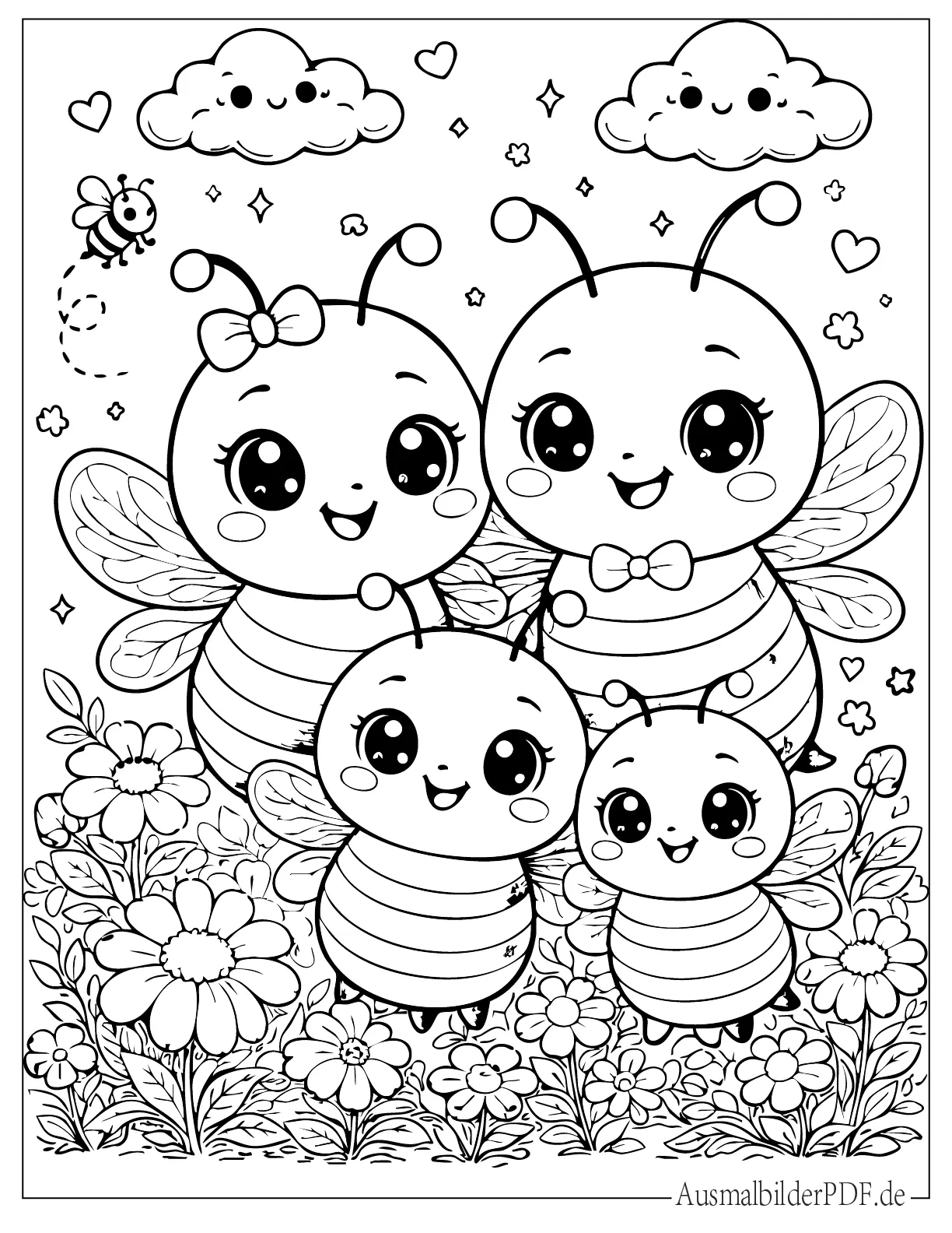 Kawaii Bienenfamilie sitzt zwischen Blumen Malvorlage