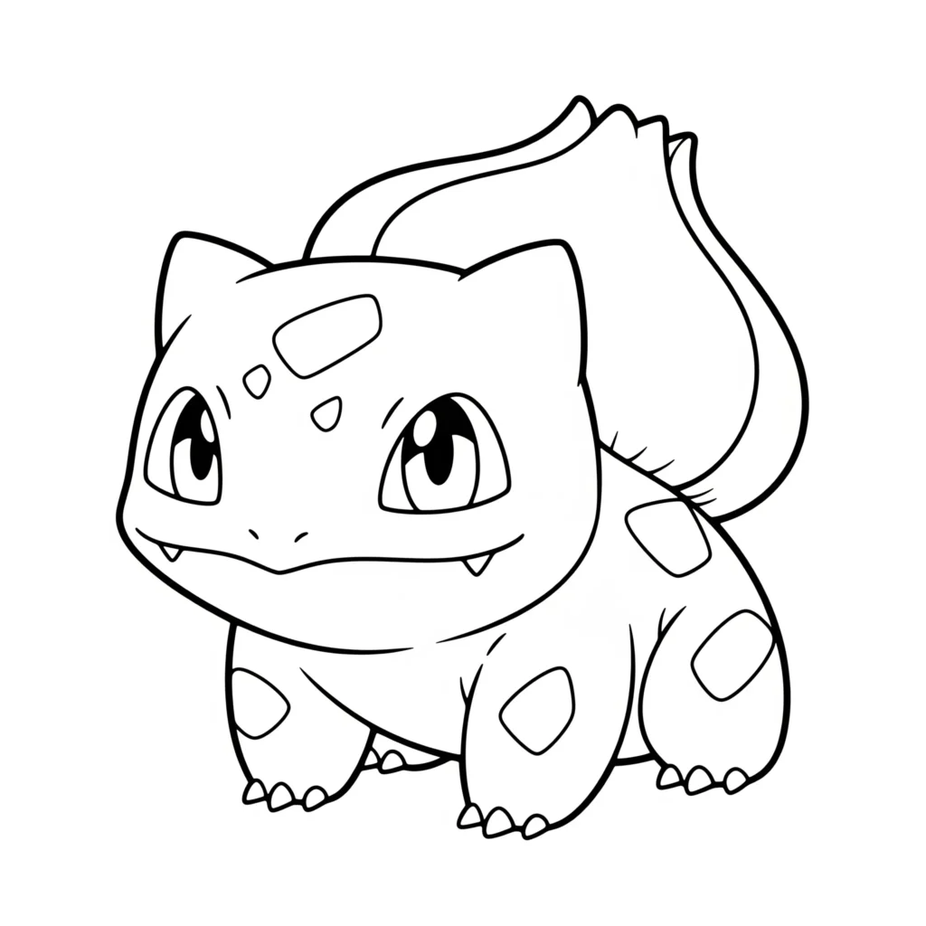 Ein süß gezeichnetes kawaii bisasam mit großen augen – dieses ausmalbild als pdf ist perfekt zum ausdrucken für kleine pokemon-fans und kreative eltern