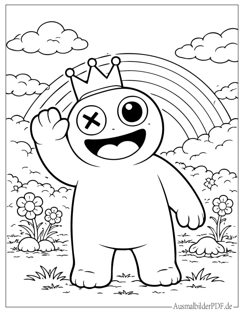 Ausmalbild eines kawaii blauen Rainbow Friend, der winkt, perfekt für Kinder zum Drucken, Ausmalen und Spaß haben