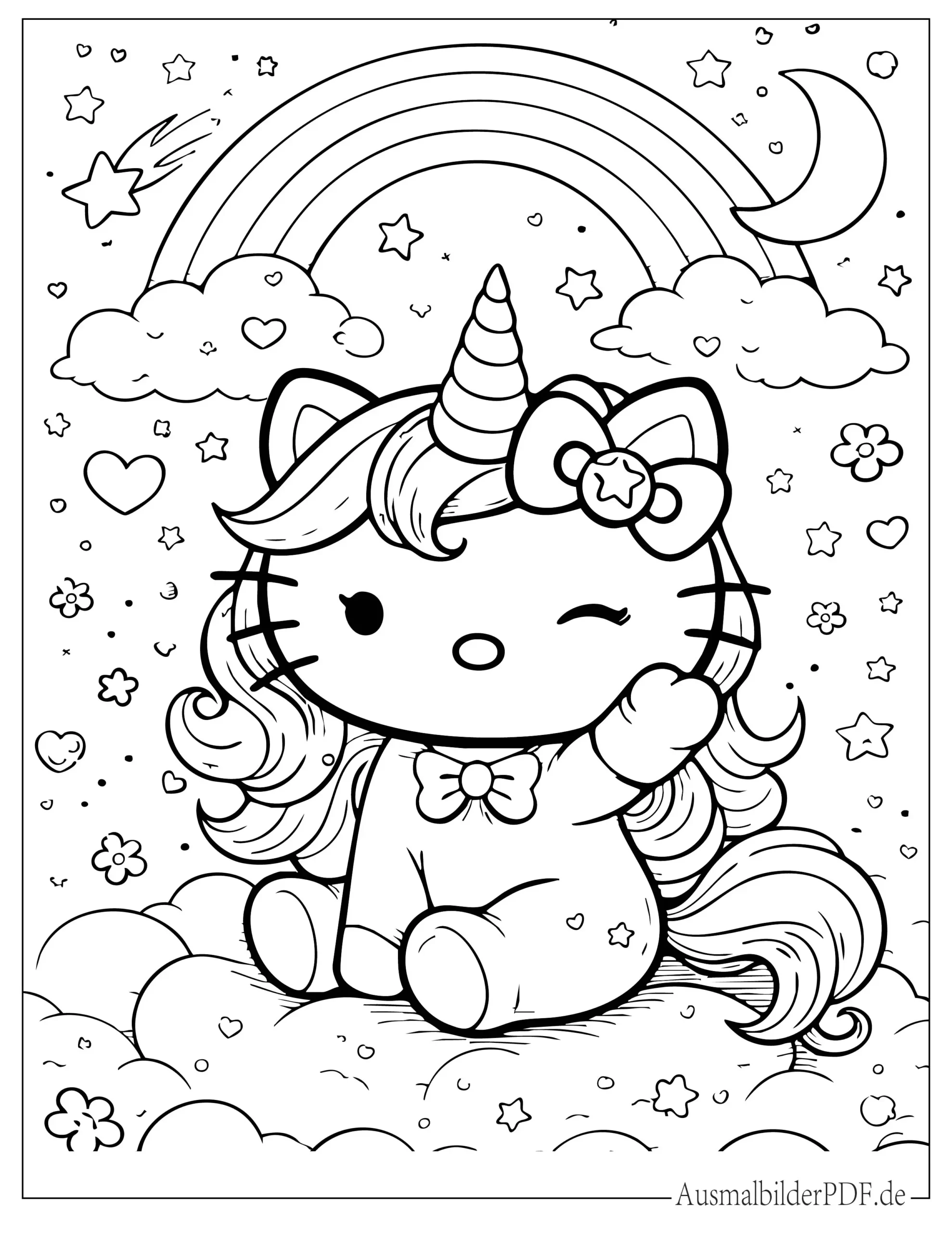Kawaii Einhorn Hello Kitty sitzt auf einer Wolke zum Ausmalen