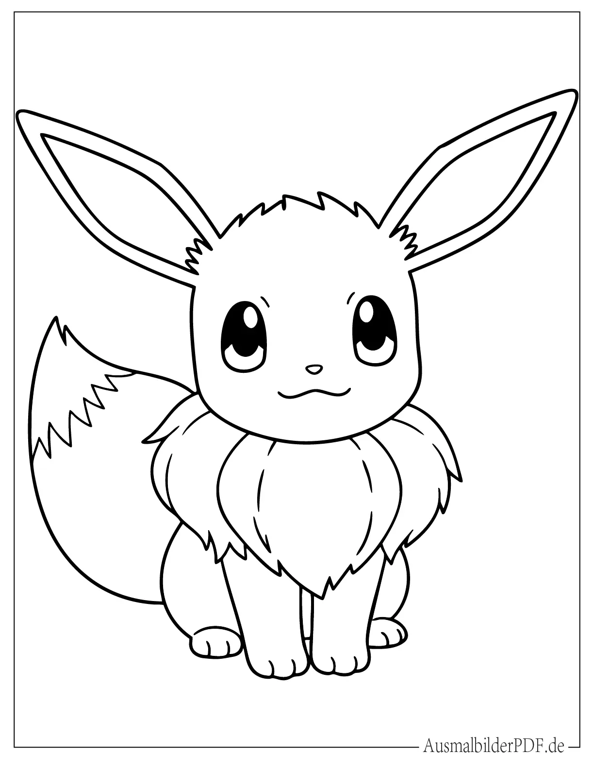 Ein niedliches Kawaii-Evoli im Chibi-Stil mit großen Augen und weichen Formen, ideal für spielerisches Ausmalen durch Kinder.