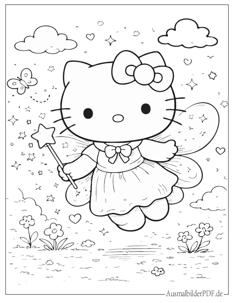 Hello Kitty als niedliche Kawaii Fee, süßes Ausmalbild für Kinder zum Ausdrucken und kreativ Ausmalen