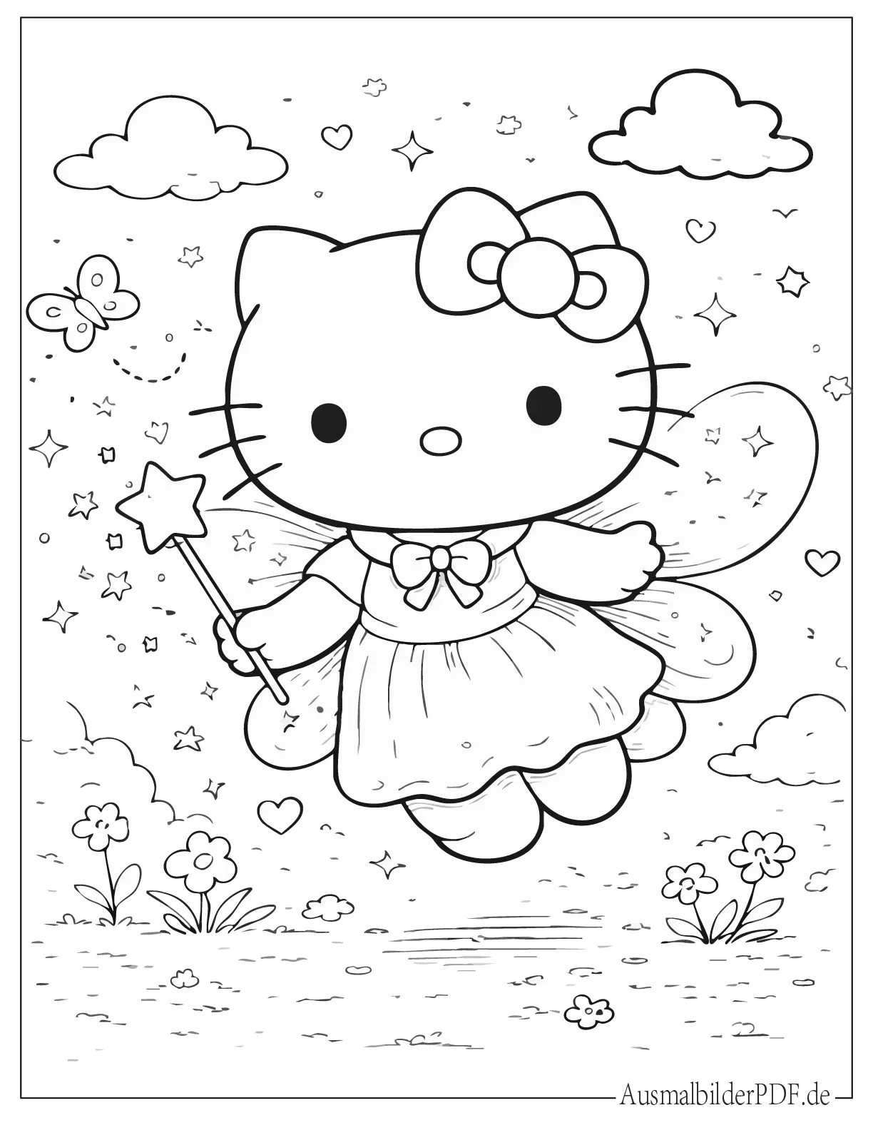 Süße Kawaii Fee Hello Kitty fliegt mit Zauberstab in der Hand zum Ausmalen