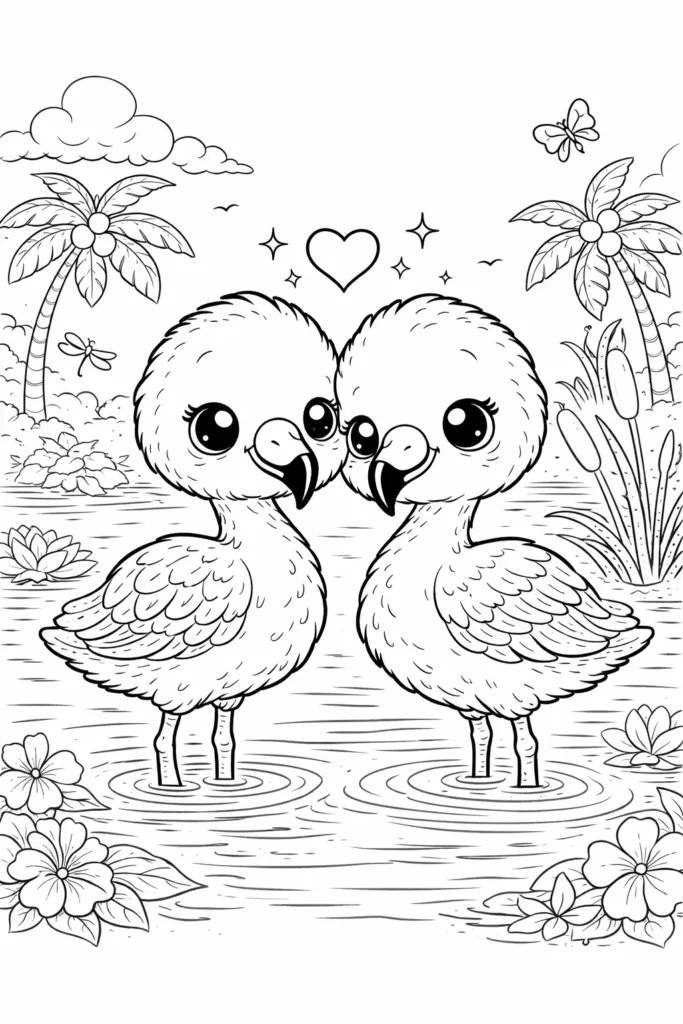 Niedliches Ausmalbild mit zwei kawaii Flamingo Babys im tropischen Umfeld als kreative Malvorlage für Kinder und Erwachsene