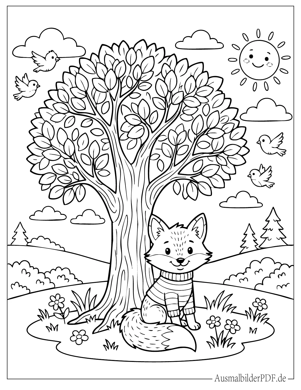 Kawaii Fuchsbaby unter Baum im Wald Ausmalbild