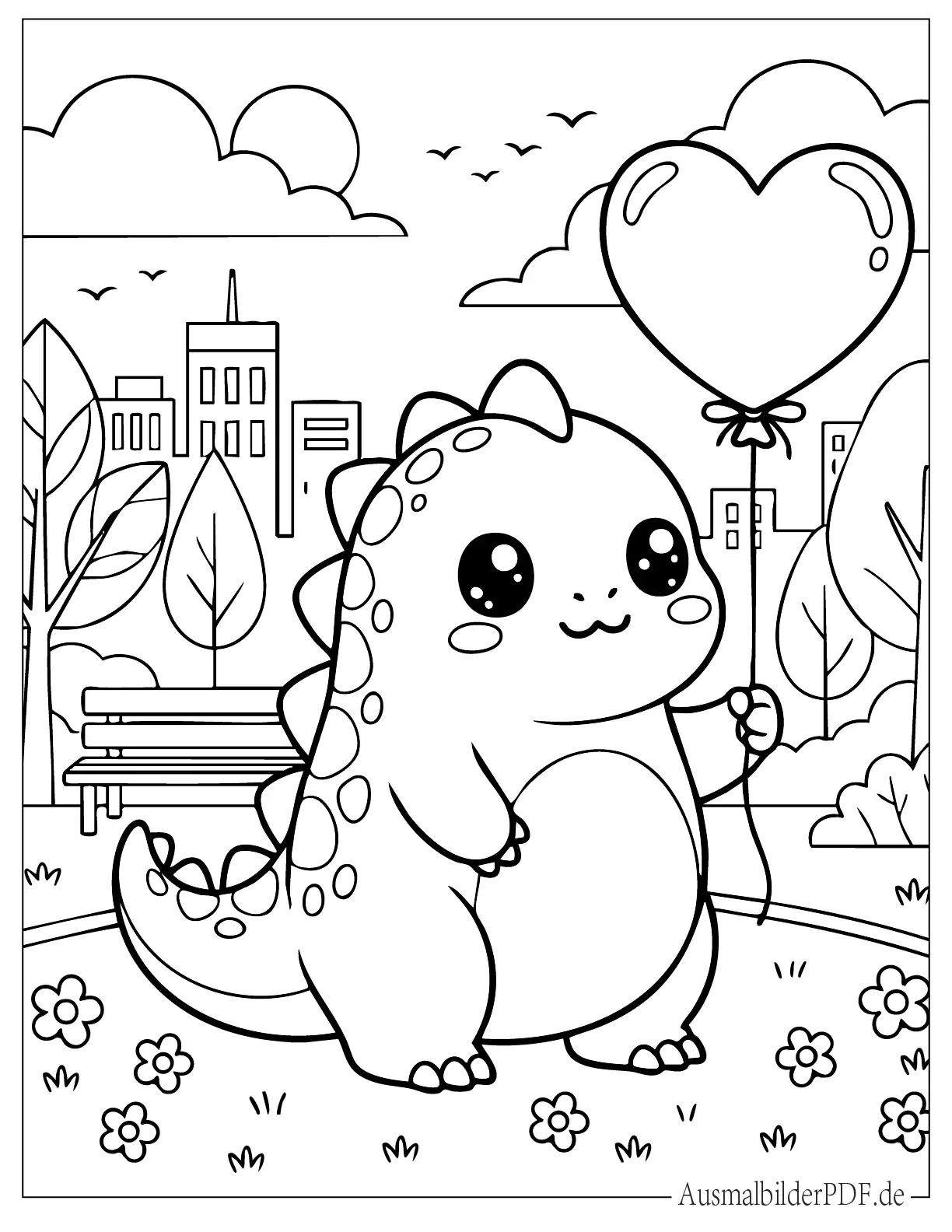Niedlicher Kawaii Godzilla hält Herzballon Ausmalbild