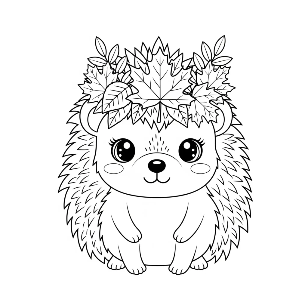 20+ Herbst Ausmalbilder (Kostenlos Malvorlage zum Ausdrucken) Ein niedlicher Kawaii-Igel trägt eine Krone aus bunten Herbstblättern. Kinder können die Blätter, den Igel und kleine Details farbenfroh gestalten.