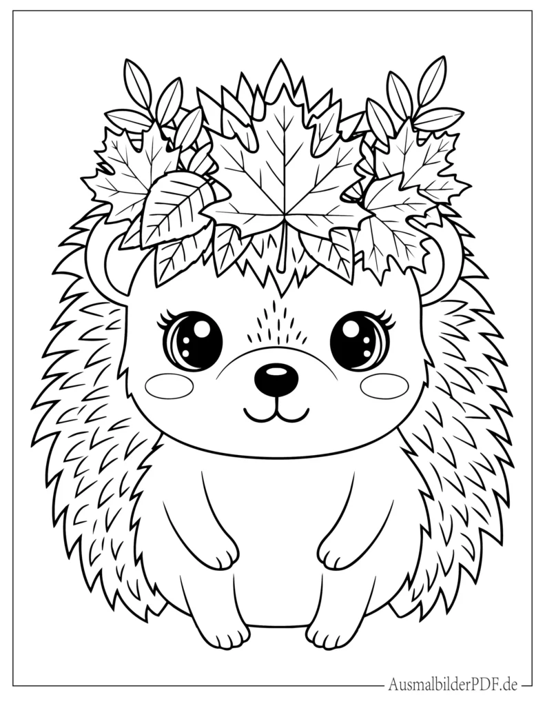 Niedlicher Kawaii Igel mit Herbstblätter Krone Ausmalbild für Kinder