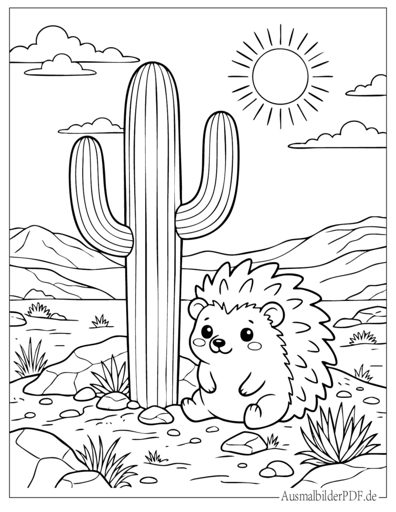 Kaktus Ausmalbilder (Gratis zum Ausdrucken und Ausmalen) Niedlicher Kawaii-Igel sitzt neben einem hohen Saguaro-Kaktus in der Wüste, einfaches Ausmalbild für Kinder