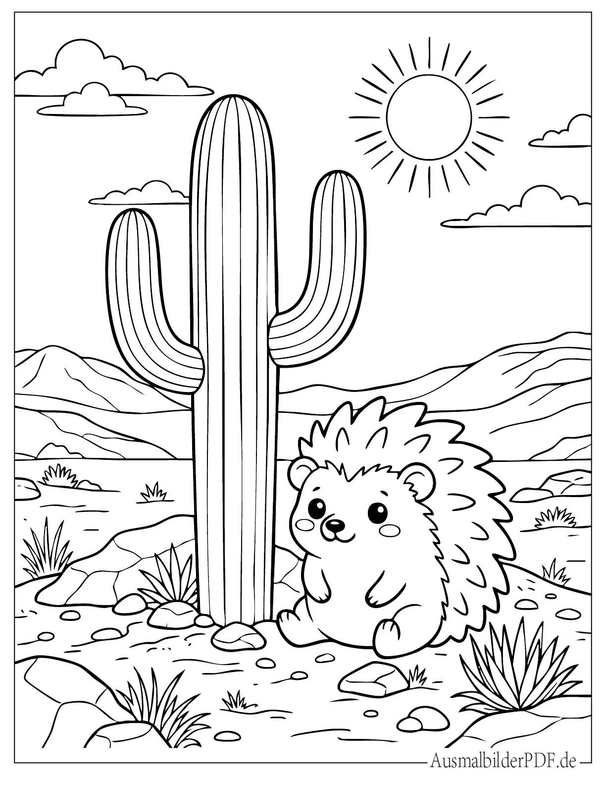 Niedlicher kawaii Igel neben Saguaro Kaktus Ausmalbild