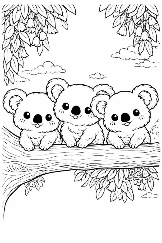 Süßes Ausmalbild mit mehreren kawaii Koala Babys die nebeneinander auf einem dicken Ast sitzen zum Ausdrucken
