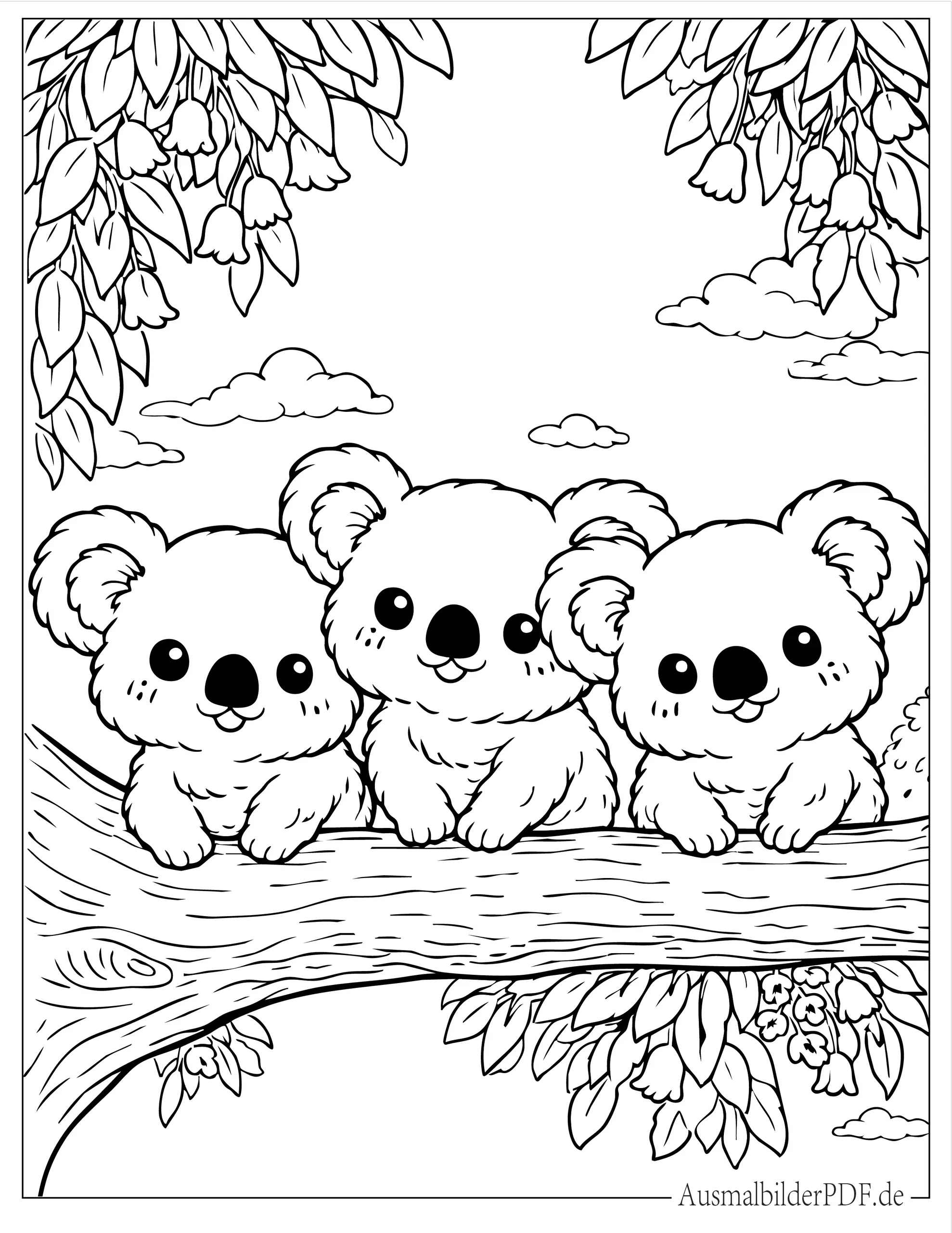 Drei Kawaii Koala Babys sitzen auf Baumast Malvorlage