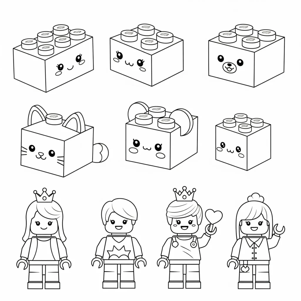 Ausmalbild mit kawaii-stil Lego Figuren zum kostenlosen Ausdrucken und Ausmalen als PDF