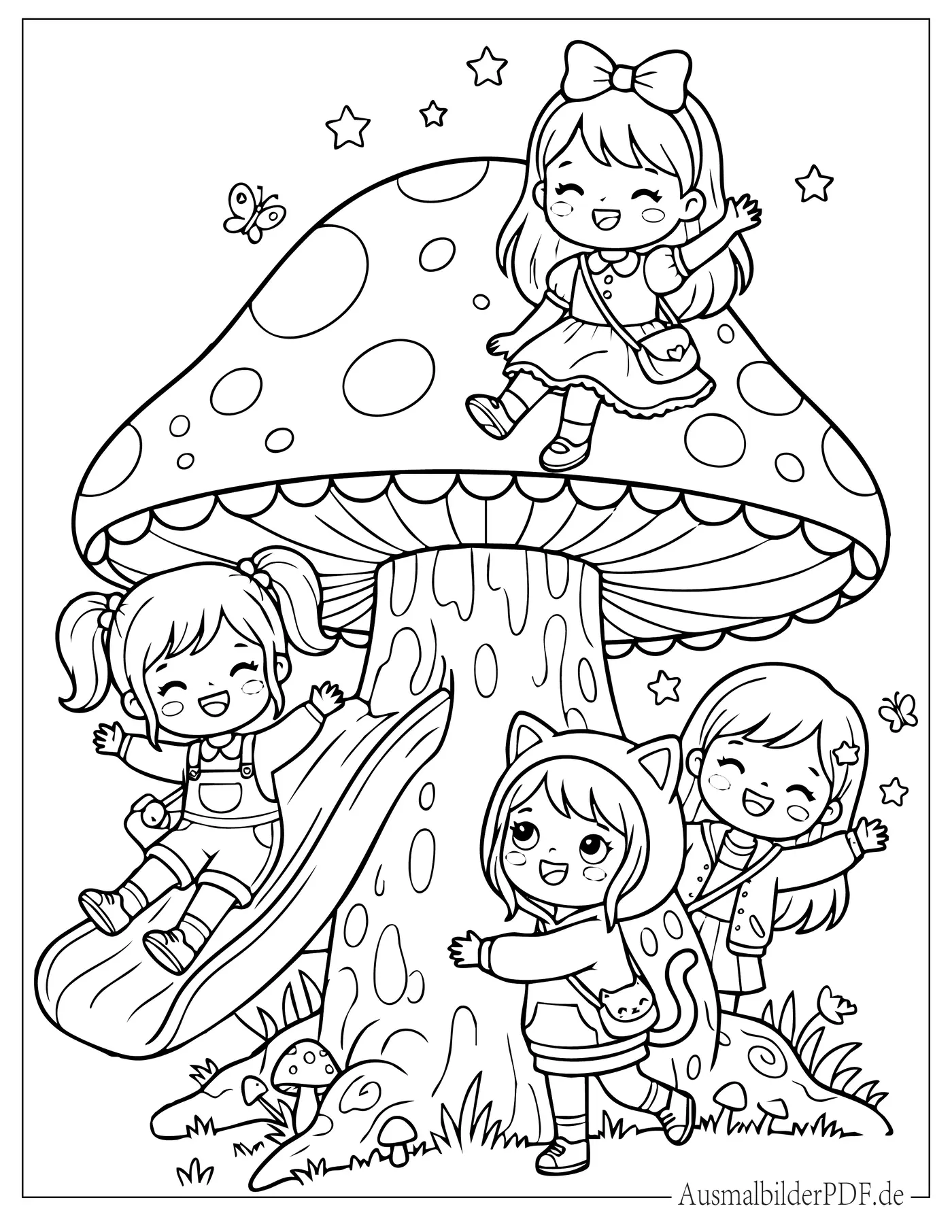 Niedliche Kawaii Mädchen spielen mit einem riesigen Pilz Ausmalbild