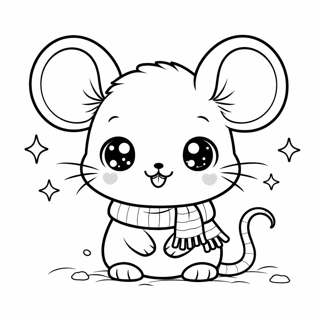 Eine süße Kawaii Maus mit großen Augen und rundem Gesicht bildet eine freundliche Malvorlage als Ausmalbild zum Ausdrucken für Kinder