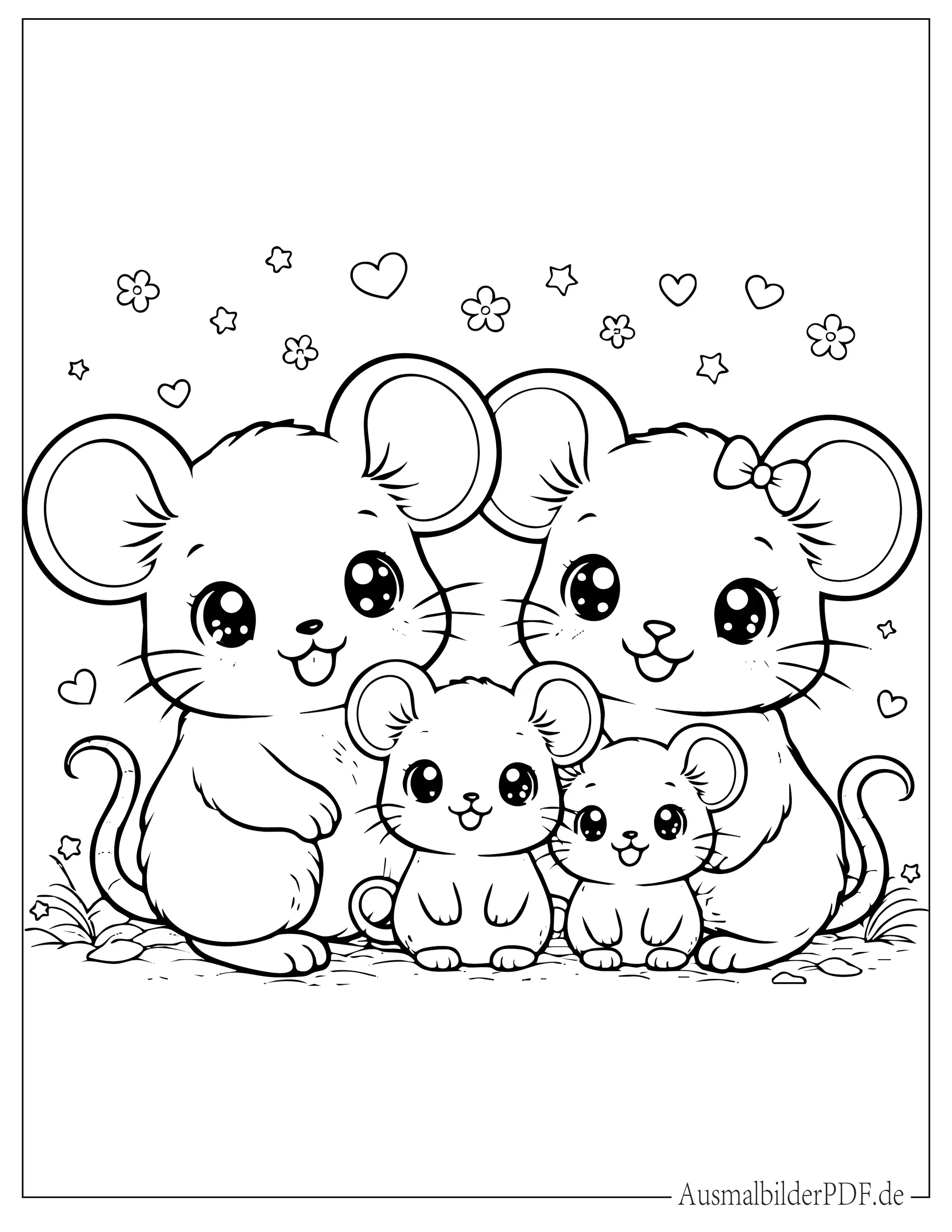 Kawaii niedliche Mausfamilie Malbild zum Ausdrucken
