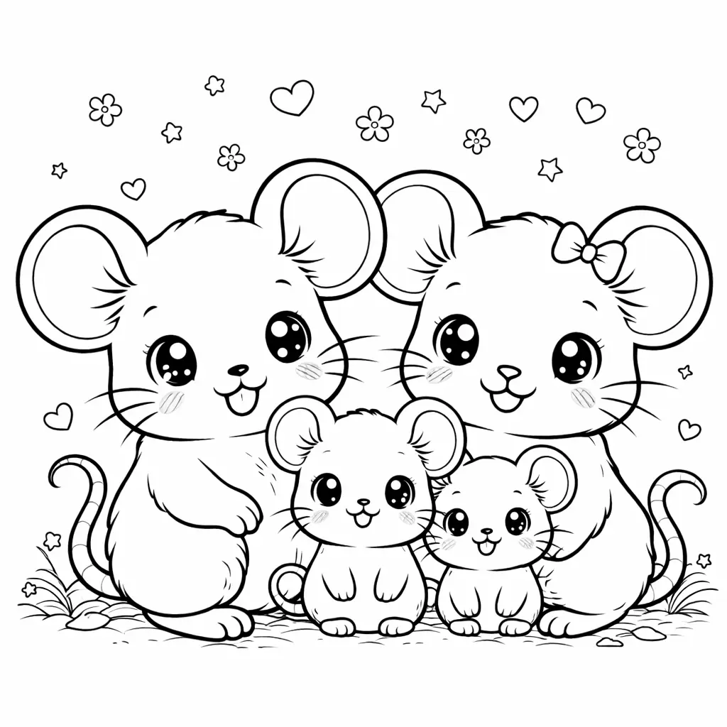 Eine niedliche Kawaii Mausfamilie mit Eltern und Babys in liebevoller Szene, ein freundliches Ausmalbild zum Ausdrucken für Kinder und Erwachsene.