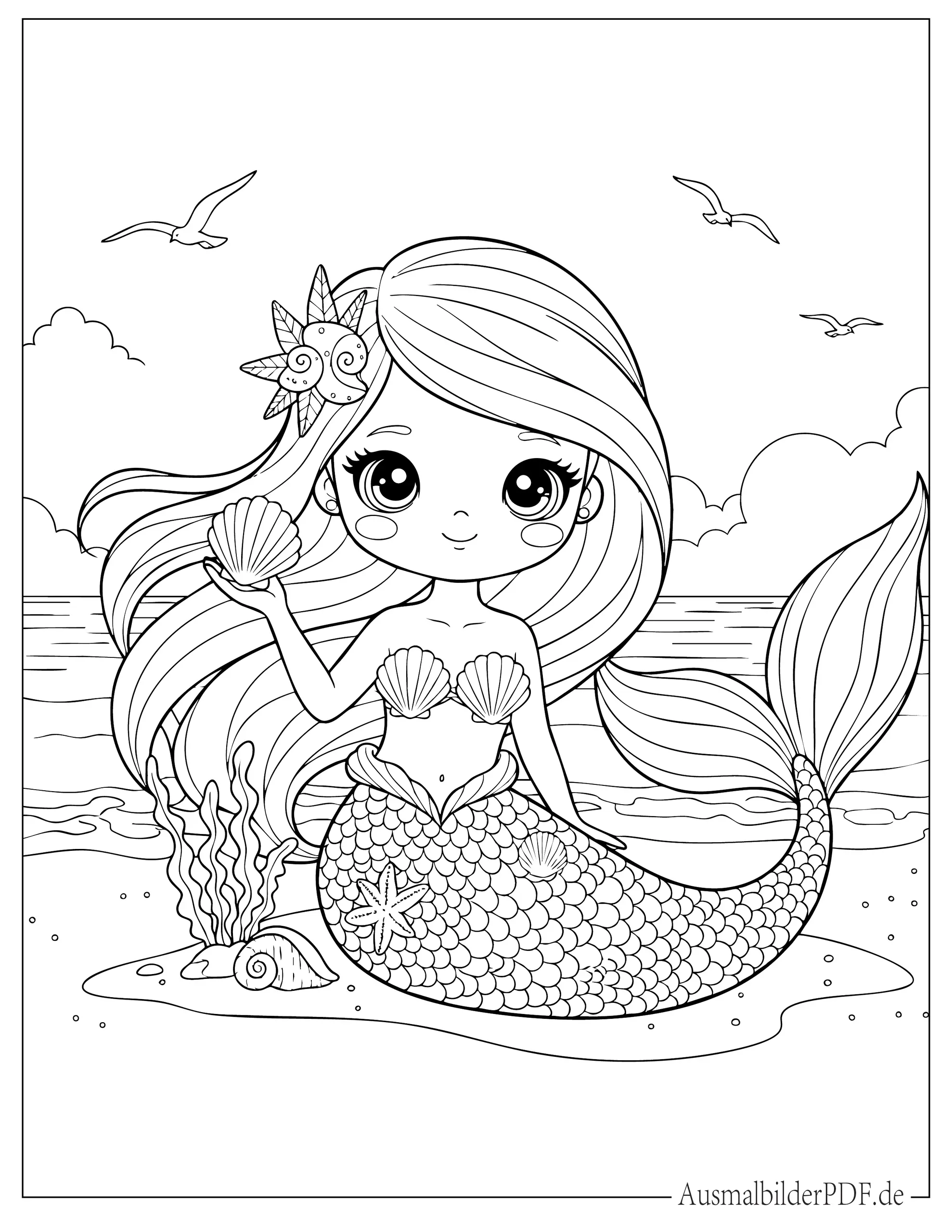 16 Strand Ausmalbilder (Gratis Malvorlagen zum Ausdrucken) Niedliche Kawaii Meerjungfrau am Strand Malbild
