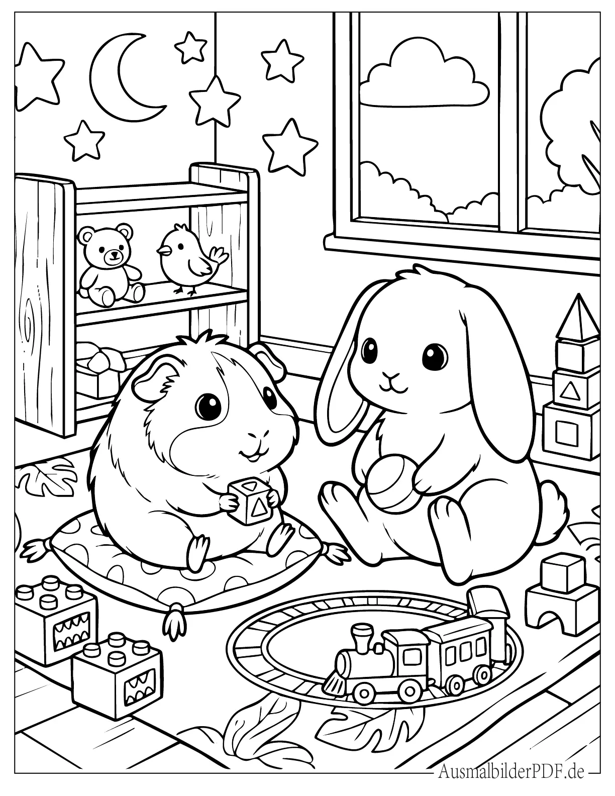 Chibi Meerschweinchen mit Kaninchen spielt im Zimmer Malvorlage