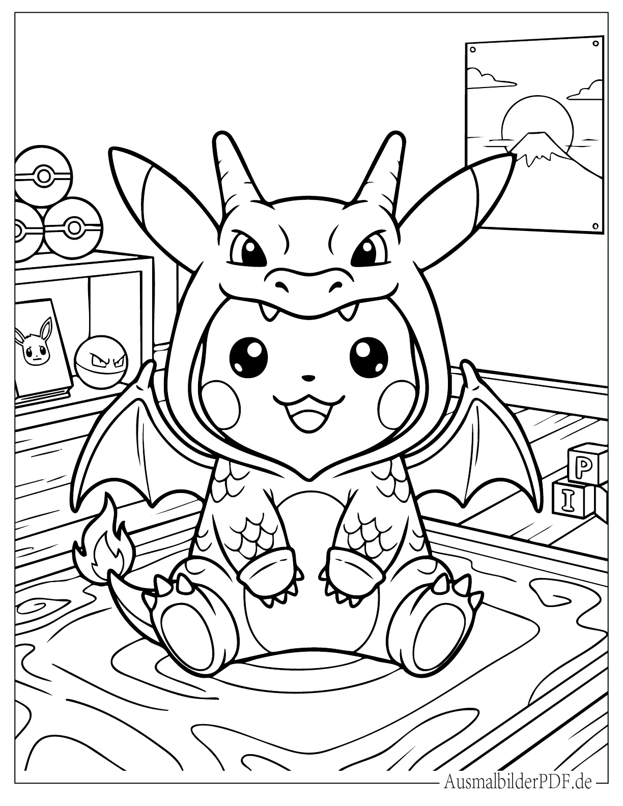 Süßes Kawaii Pikachu im Glurak Kostüm zum Ausmalen