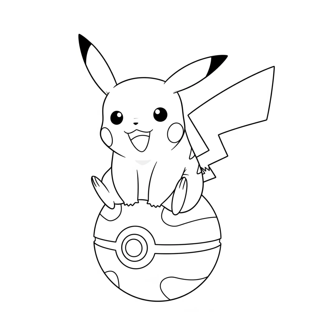 Malvorlage von einem niedlichen Kawaii Pikachu, das fröhlich auf einem großen Pokeball sitzt – perfekt für Fans süßer Pokémon-Motive zum Ausmalen.