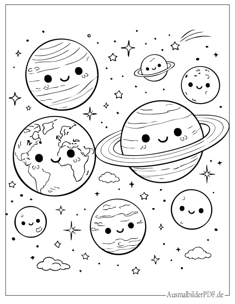 Ausmalbild von einer süßen Kawaii Planeten Familie mit fröhlichen Gesichtern, perfekt für Kinder