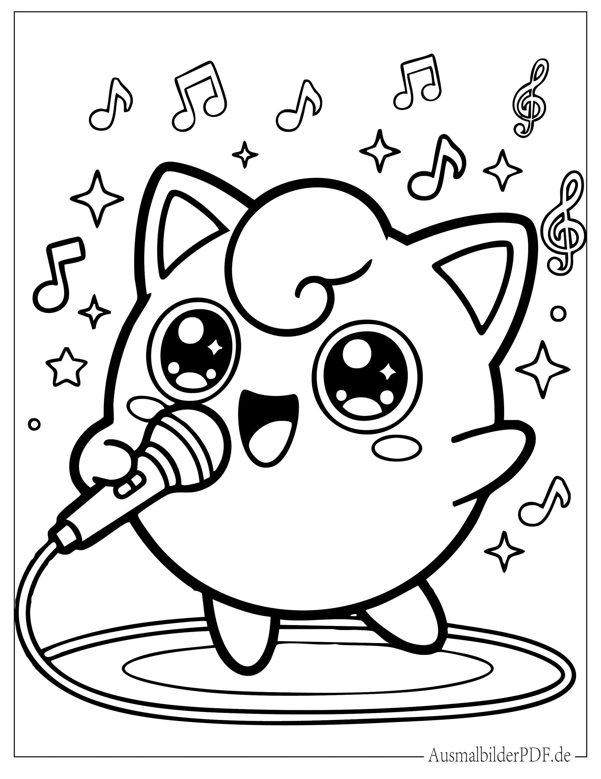 Kawaii Pummeluff singt mit Mikrofon zum Ausmalen
