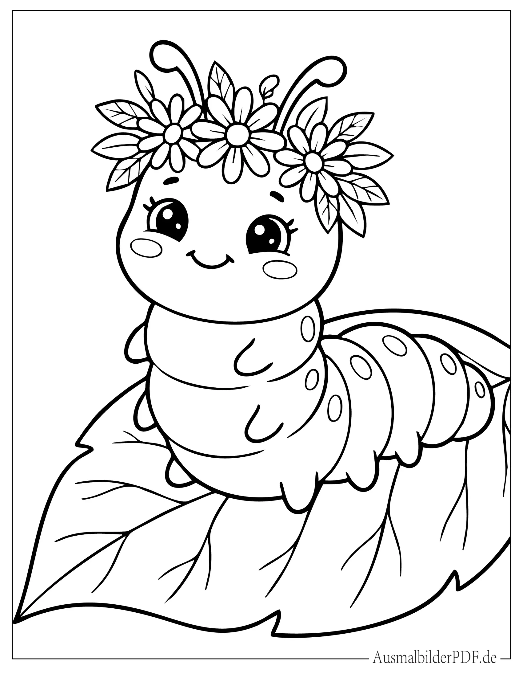 Niedliche Kawaii Raupe mit Blumenkrone auf einem Blatt Ausmalbild