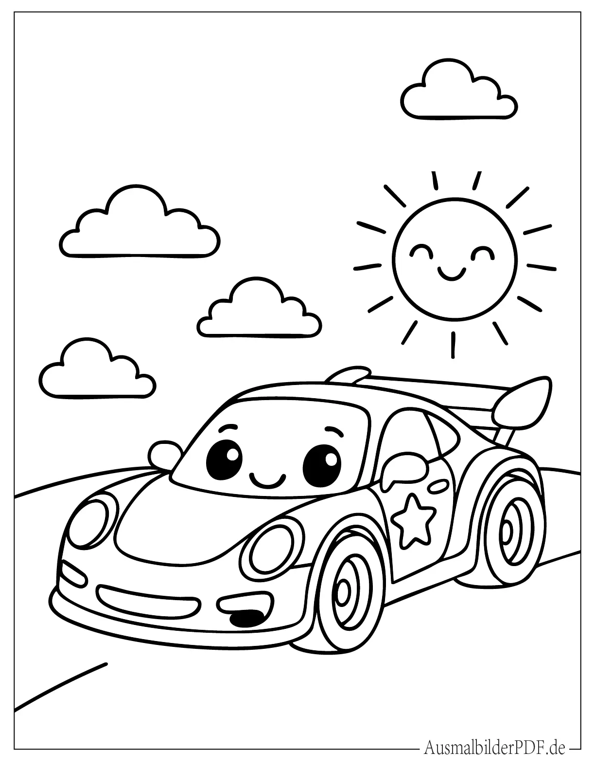 Kawaii Rennauto mit Augen Malvorlage für kleine Kinder