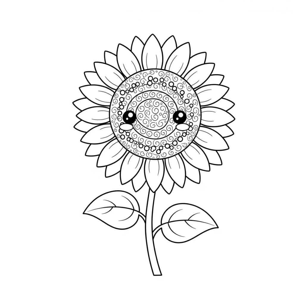 Niedliches Ausmalbild einer lächelnden Kawaii Sonnenblume mit großen Augen, perfekt für Kinder zum Ausdrucken und Ausmalen