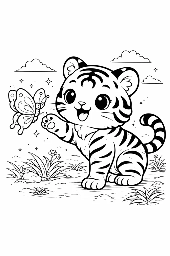 10+ Tiger Ausmalbilder (Gratis Malvorlage PDF zum drucken) Süßes Kawaii Tiger Ausmalbild zeigt einen Tiger, der mit einem Schmetterling spielt, zum Ausdrucken für Kinder und Erwachsene