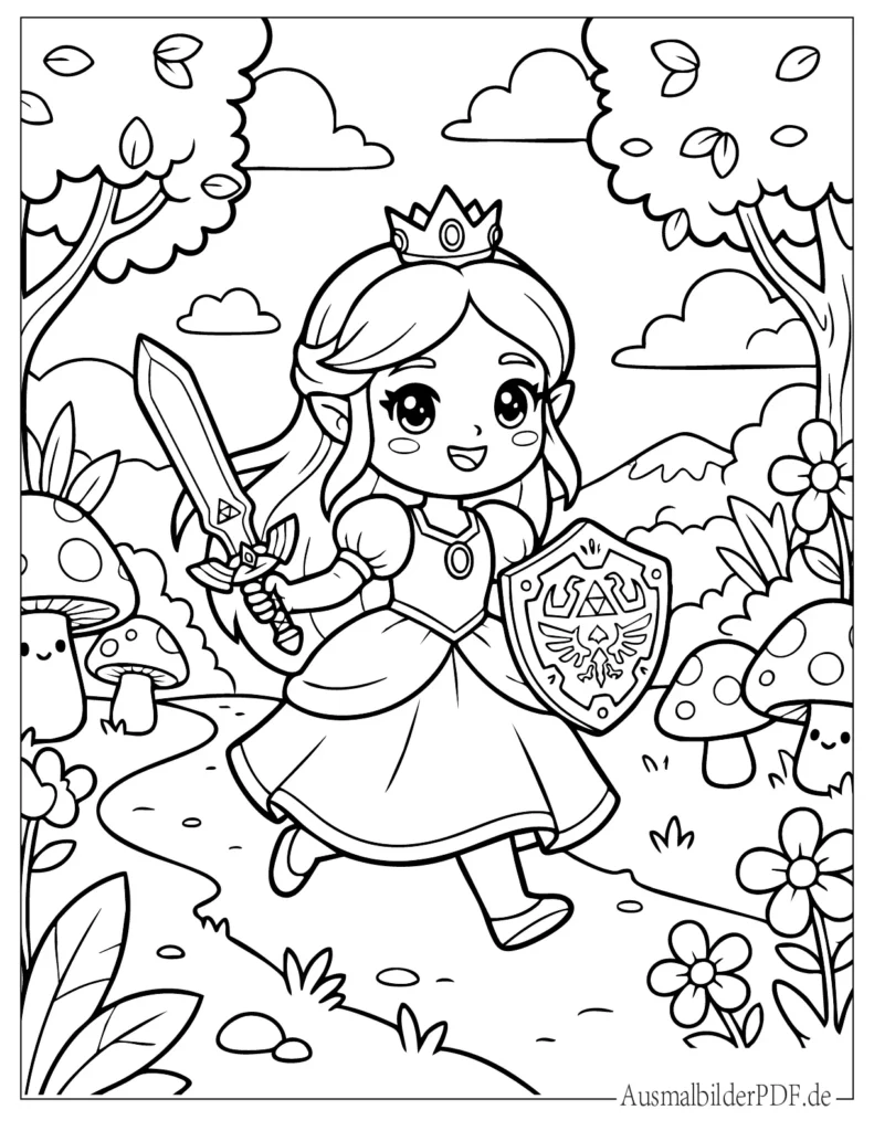 Ausmalbild von kawaii Zelda, wie er mit Schwert und Schild rennt, perfekt für Kinder zum Ausmalen und Drucken