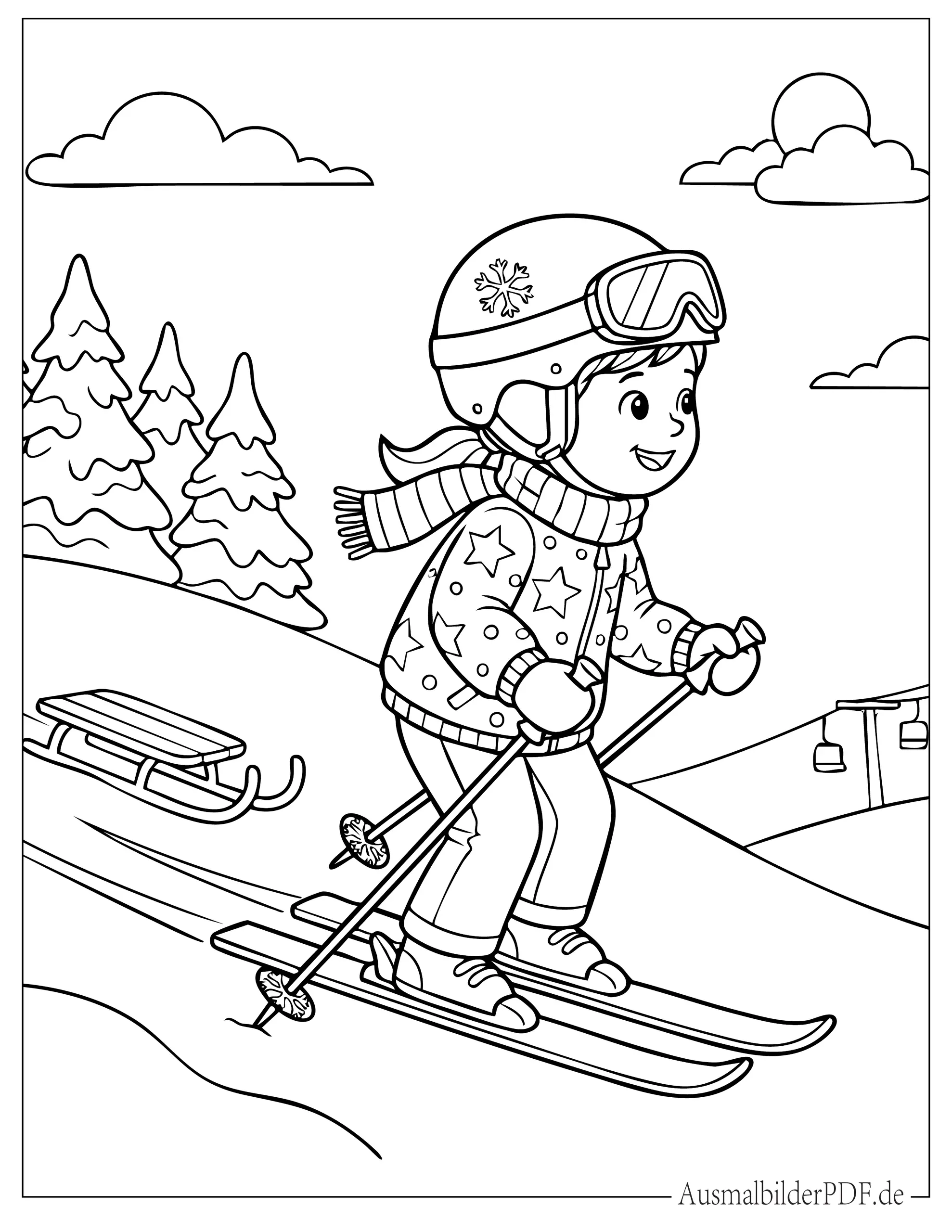 Kleines Mädchen fährt Ski Malvorlage für Vorschulkinder