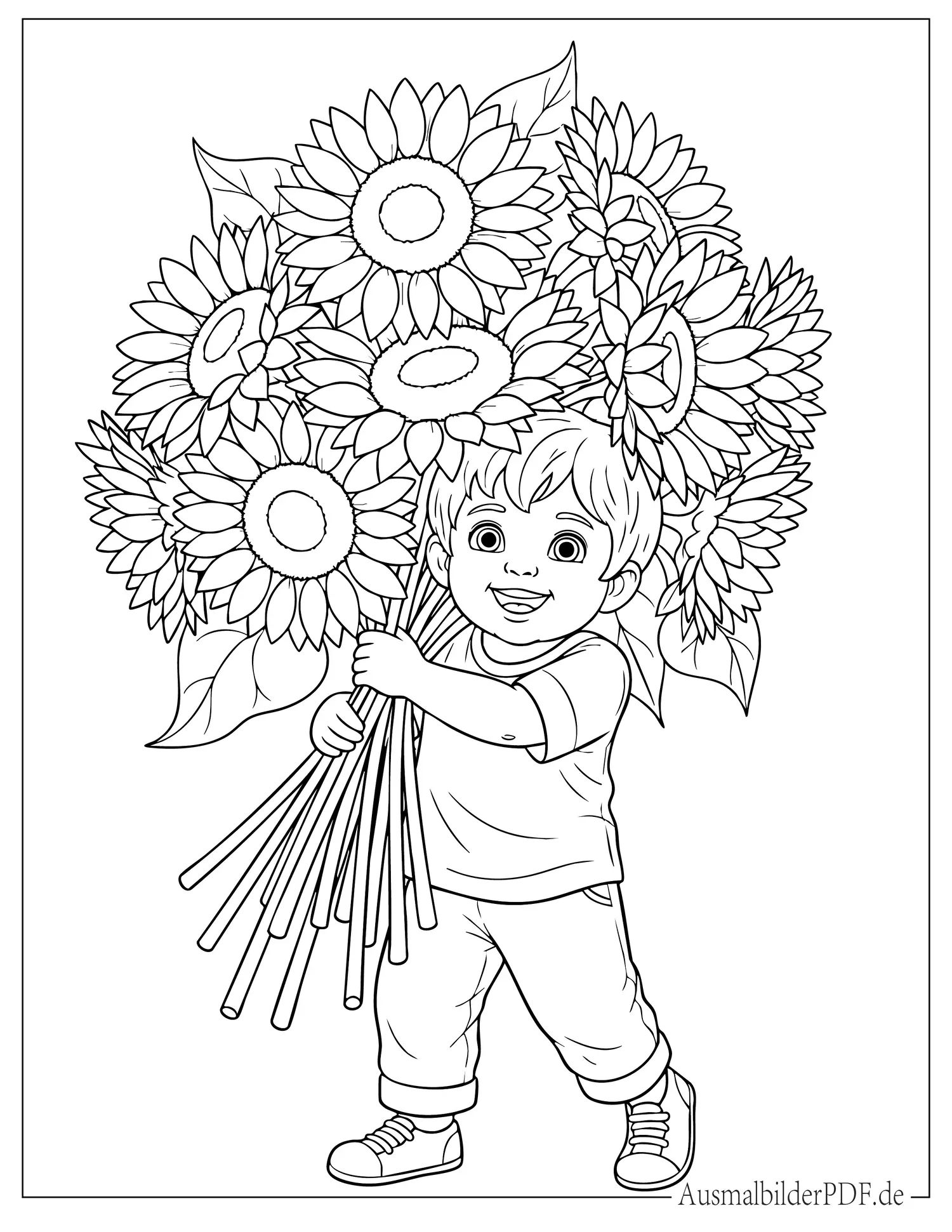 Niedliches Kind hält großen Sonnenblumen Strauß Ausmalbild