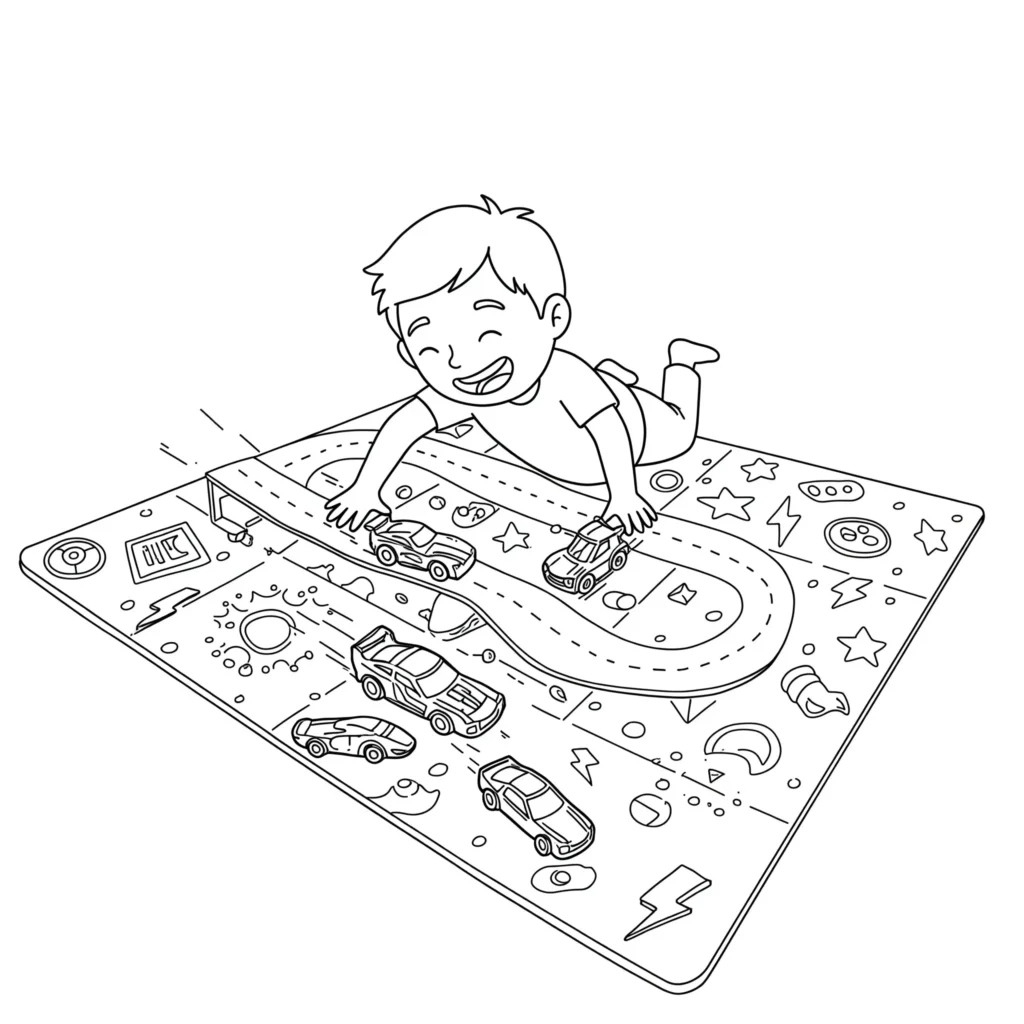 Kostenloses Hot Wheels Kinder-Rennen Ausmalbild als PDF. Perfekt für Kinder zum Ausmalen der Spielszenen mit Autos.