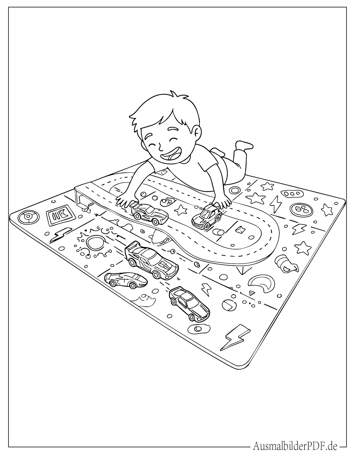 Kind rennt mit Hot Wheels auf einer Bodenmatte Ausmalbild