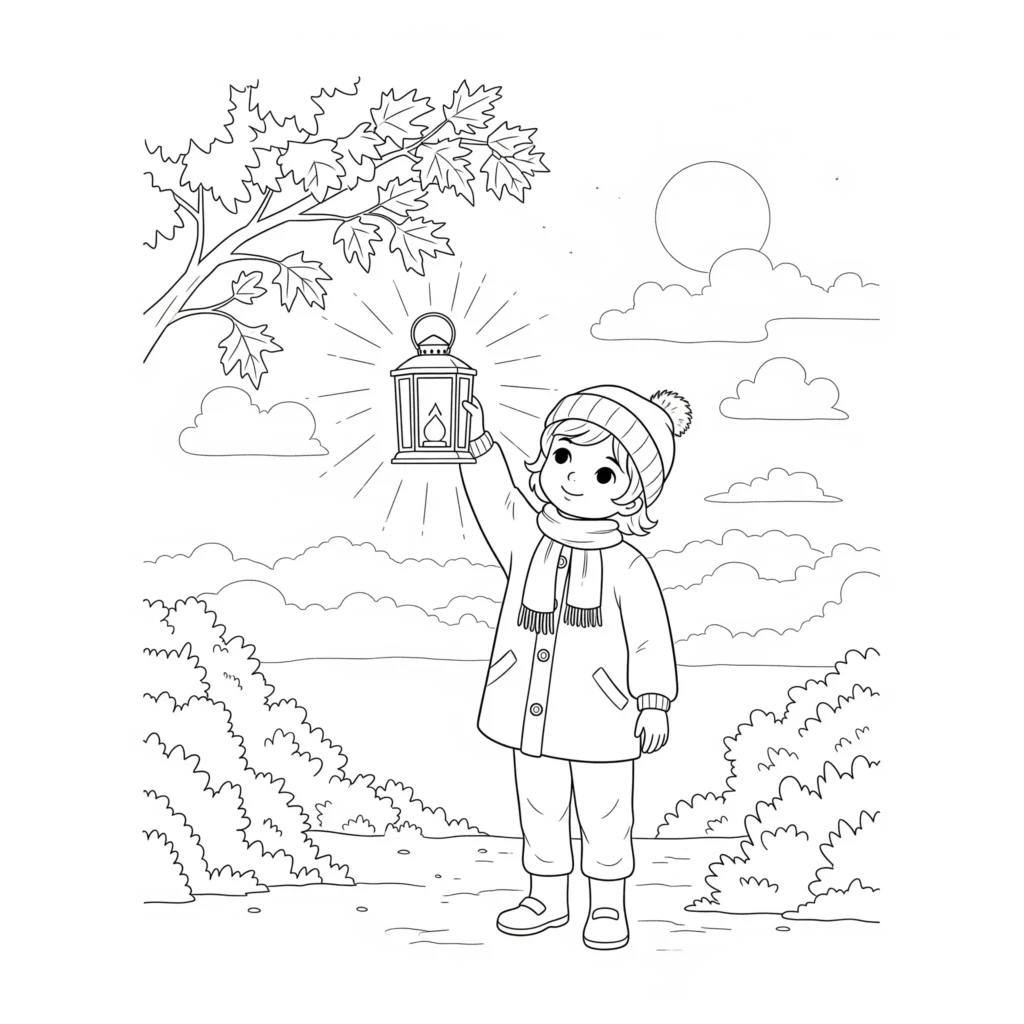 20+ Herbst Ausmalbilder (Kostenlos Malvorlage zum Ausdrucken) Ein Kind hält eine leuchtende Laterne an einem herbstlichen Abend, umgeben von fallenden bunten Blättern. Kinder können Laterne, Kleidung und Herbstszene kreativ ausmalen.