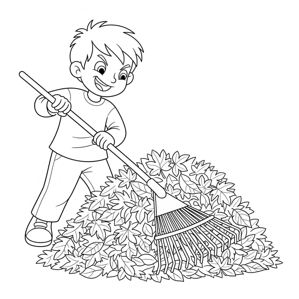 20+ Herbst Ausmalbilder (Kostenlos Malvorlage zum Ausdrucken) Ein fröhliches Kind harkt bunte Herbstblätter zu einem großen Haufen im Garten. Ein detailreiches Herbst Ausmalbild, das die Schönheit der Jahreszeit zeigt.