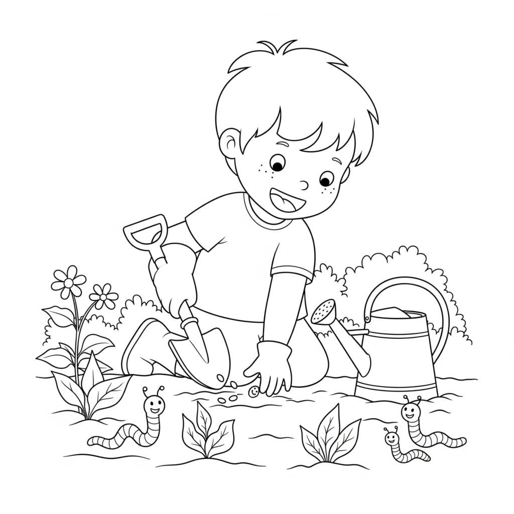 Ausmalbild zeigt ein Kind beim Säen von Samen im Frühlingsgarten, perfekt zum Ausdrucken und Ausmalen für Kinder