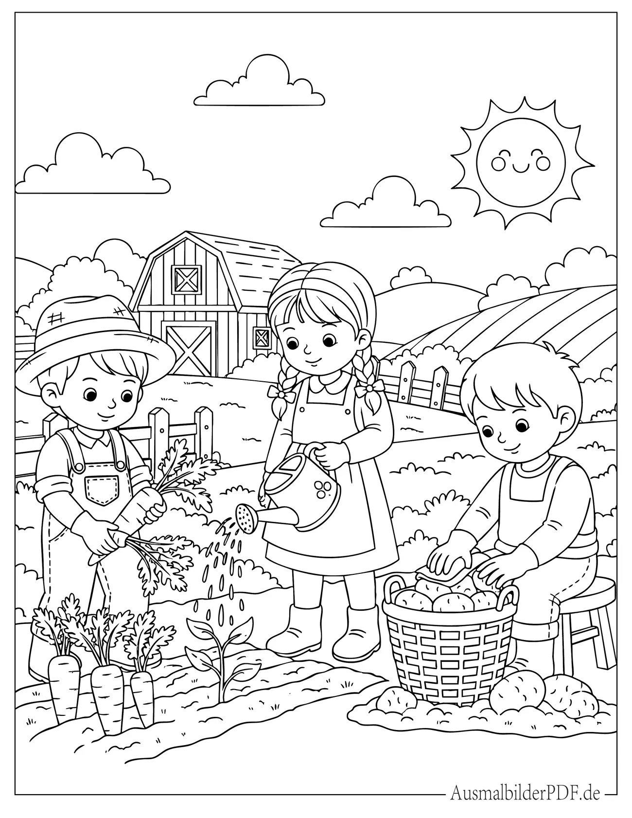 30+ Bauernhof Ausmalbilder (Gratis Malvorlagen zum Drucken) Drei Kinder arbeiten auf dem Bauernhof Ausdruckbare Ausmalbild