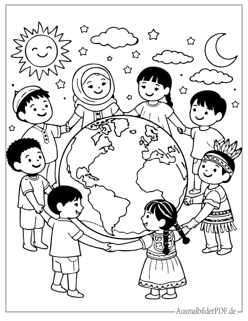 Fröhliche Kinder aus verschiedenen Kulturen stehen um die Erde und halten Hände, liebevolle Malvorlage für Kinder zum Ausdrucken