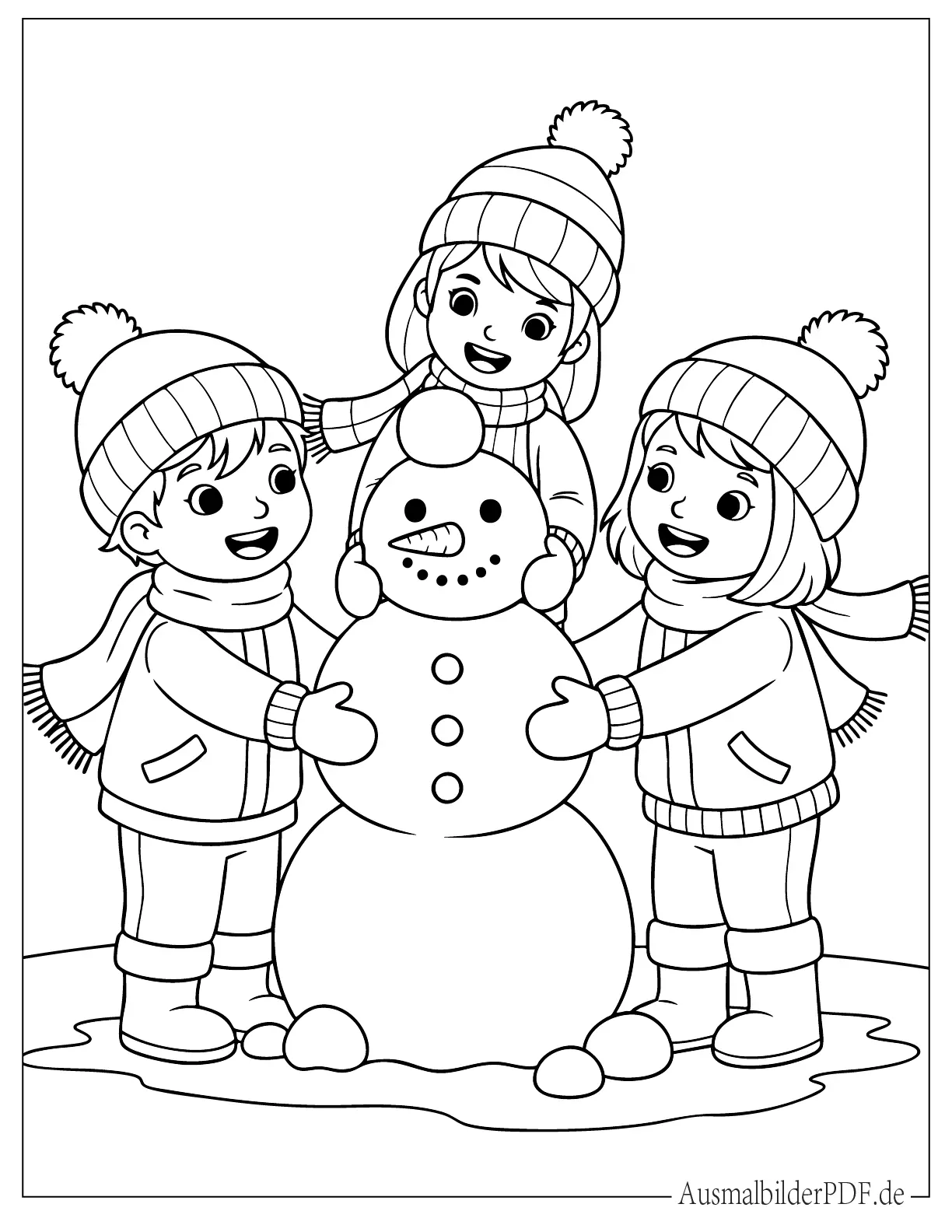Drei niedliche Kinder bauen einen Schneemann mit Schals und Hut Ausmalbild