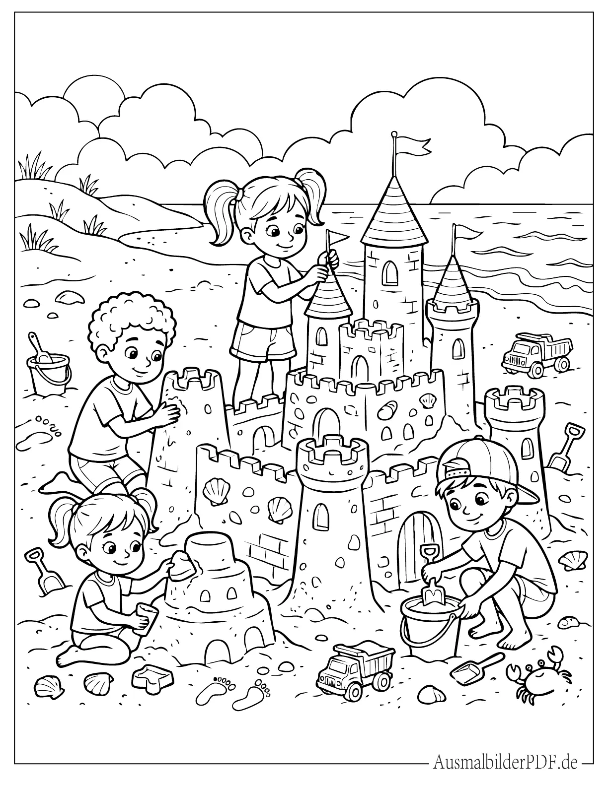 16 Strand Ausmalbilder (Gratis Malvorlagen zum Ausdrucken) Kinder bauen eine riesige Sandburg am Strand zum Ausmalen